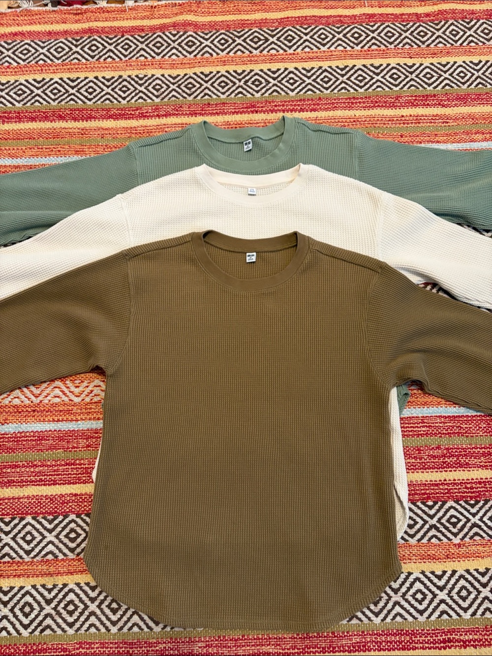 3 Uniqlo Long Sleeve Waffle Knit LS Thermal Tops - Cream, Green, Brown  XS